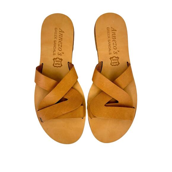 Annezo’s NEW Tan Leather Open Toe Cross Strap Slide On Neutral Greek Sandals - Picture 2 of 11